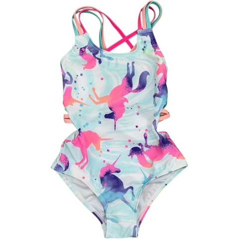GO COCO Little Girls’ One Piece Cute Strappy Detail Swimsuit, Multi Unicorn, 5/6