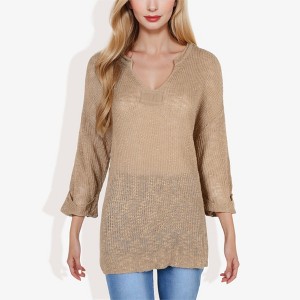 Anna-Kaci Women's Lightweight Knit Top with Notch Neck and Rolled Cuffs - 1 of 4