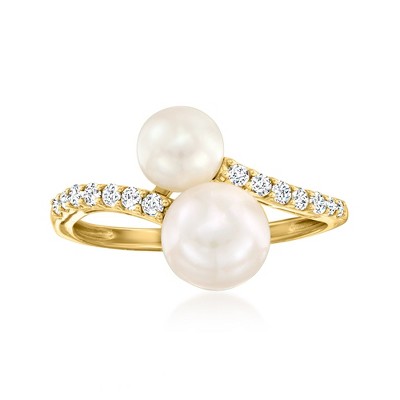Ross-Simons 5.5-7.5mm Cultured Pearl and .20 ct. t.w. Diamond Bypass Ring in 14kt Yellow Gold