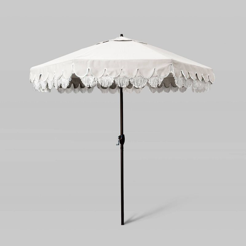 7.5' Sunbrella Scallop Base and Fringe Market Patio Umbrella with Auto Tilt - Bronze Pole - California Umbrella, 1 of 5