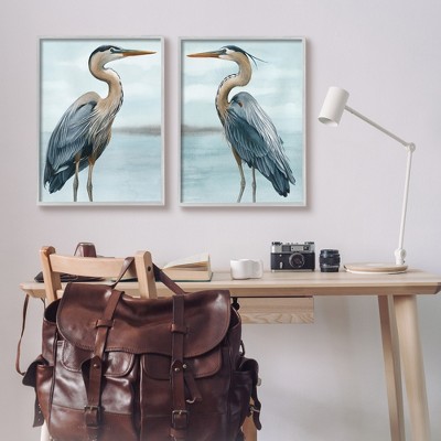 Detailed Heron Bird Duo Gray Framed Canvas Print Set