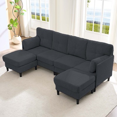 Mjkone Corduroy U-Shape Modular Convertible Sectional Sofa Couch,Upholstered 4-Seater Sofa with Movable Ottoman