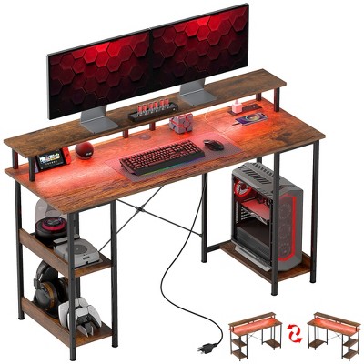 HOMCOM Reversible Computer Desk with Power Outlets and LED Lights, Home Office Desk with Monitor Stand and Storage Shelves