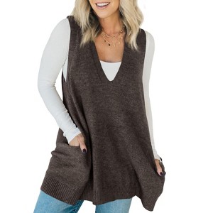 Imily Bela Womens Sleeveless Sweater Vest V Neck Casual Loose Knit A Line Flattering Tunic Top with Pockets - 1 of 4