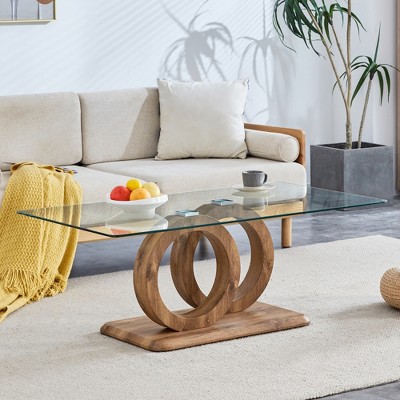 Modern Style Glass Top MDF Coffee Table with Natural Wood Color Base - Suitable for Living Rooms and Lounge Areas