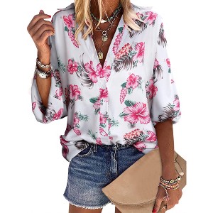 Nlife Women Lapel Collar Floral Print Button Down Long Sleeve Elastic Cuff Shirt - 1 of 4