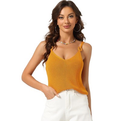 Allegra K Women's Casual Knit V Neck Sleeveless Spaghetti Strap Cami Crop  Tank Tops Yellow Small