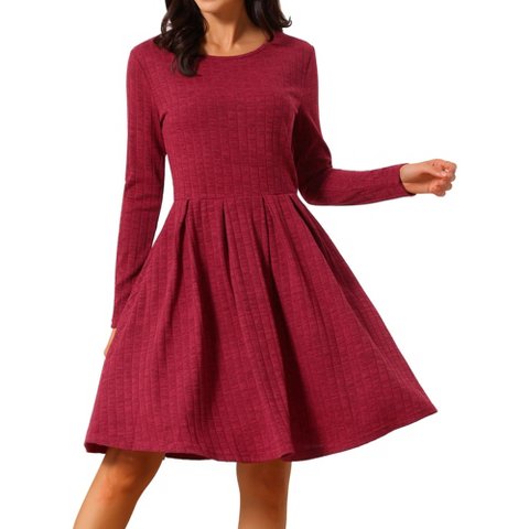 Женские платья INSPIRE CHIC Women's Long Sleeve Round Neck A-Line Swing Knee Length Dress with Pockets Wine Red Medium