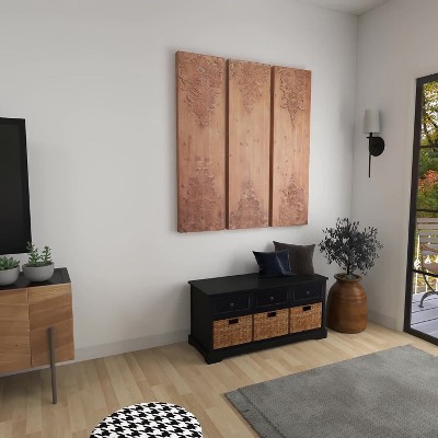 Brown Wood Carved Floral Antefix Wall Decor Set of 3