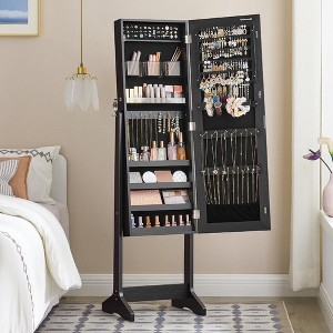 Jewelry Cabinet Armoire, Freestanding Lockable Storage Organizer with 2 Plastic Cosmetic Storage, Full-Length Frameless Mirror for Necklace Earring - 1 of 4