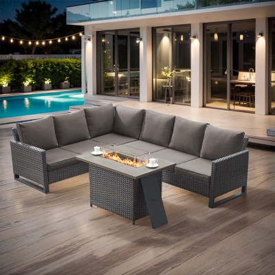 Buenhomino 4 Pieces Outdoor Patio Furniture Set with 41” Fire Pit Table, Rattan Patio Sectional Sofa Conversation Set with 50000BTU Propane Fire Pit