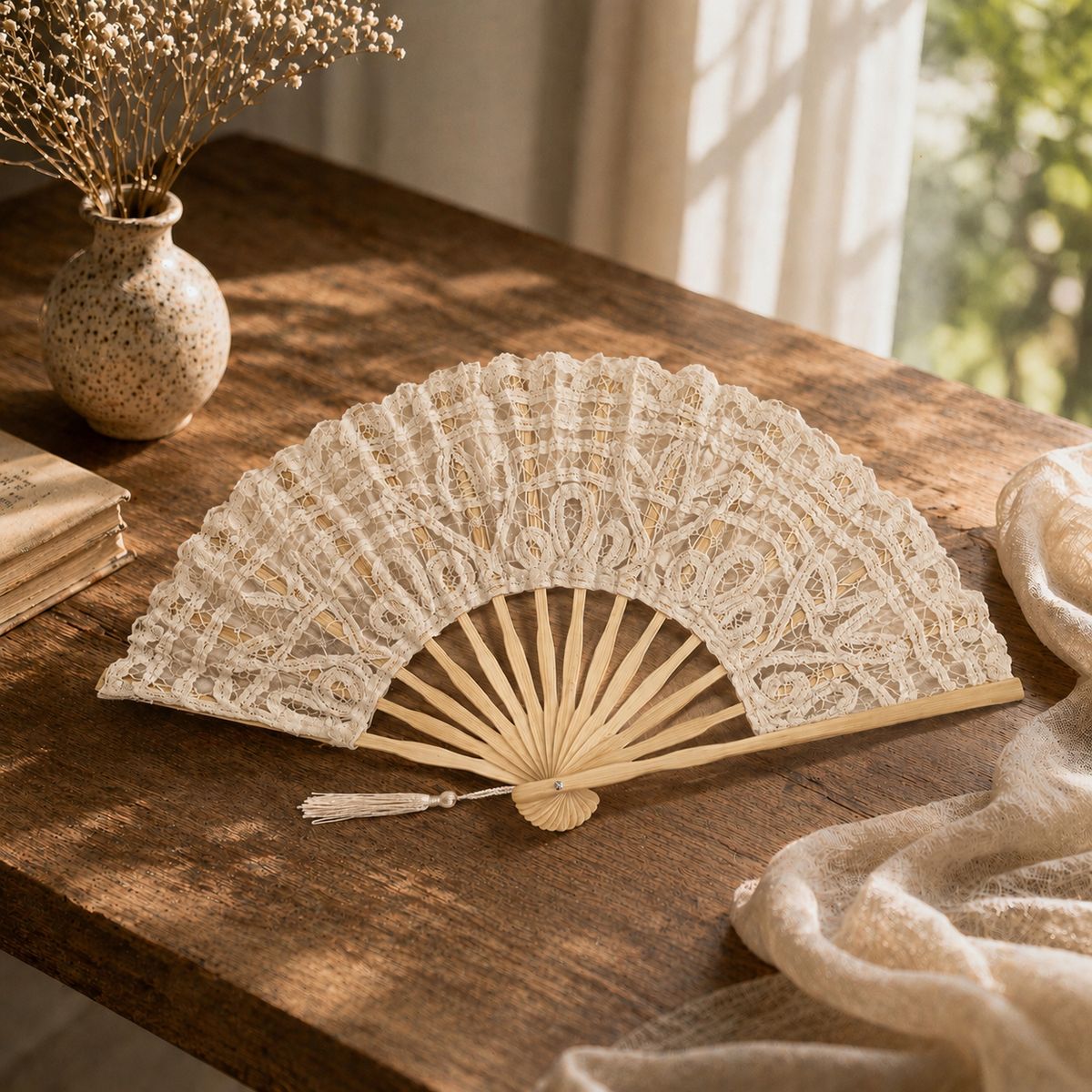 Saro Lifestyle Battenberg Lace Folding Hand Fan - Decorative Cotton Fan with Tassel, Elegant Accessory for Events, Travel and Everyday Use - thumbnail 6