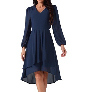 Seta T Women's Chiffon V Neck Long Sleeve Pleated Asymmetric Hem Midi Wedding Guest Dress - 1 of 4