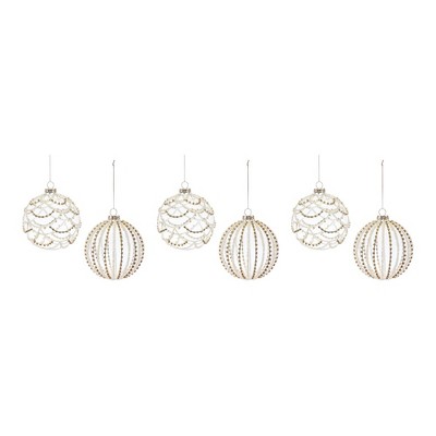 Jeweled White Glass Ball Ornaments Set of 6