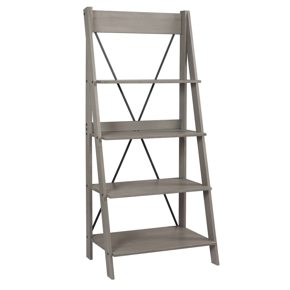 Photos - Wall Shelf 68.25" Boho 4 Tier Solid Wood Ladder Bookshelf Plant Stand Gray - Saracina