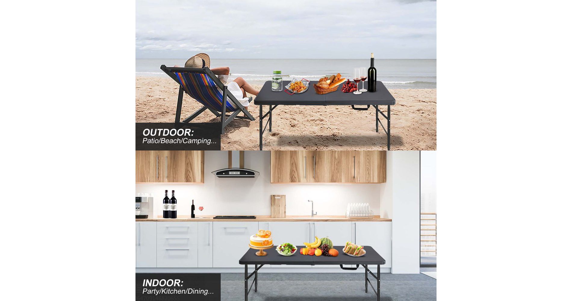 4ft Portable Folding Table Indoor&Outdoor Maximum Weight 135KG Foldable Table for Camping Black