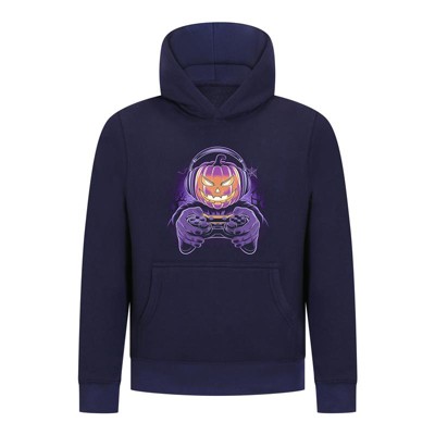 Everyday Kids Halloween Pullover Hoodie – Gamer Pumpkin with Headphones and Controller – Cozy Fall Sweatshirt for Boys, Navy