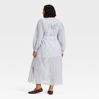 Женские платья Universal Thread Women's Balloon Long Sleeve Collared Neck Maxi Shirtdress - Universal Thread™ Blue Striped 1X — фото 2