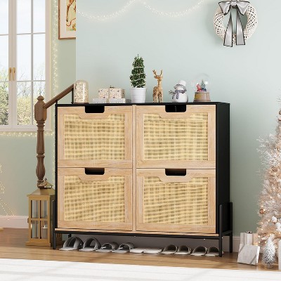 Natural Rattan Shoe Cabinet with 4 Flip Drawers, Freestanding Shoe Organizer for Entryway, Hallway