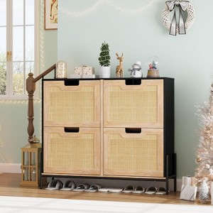 Natural Rattan Shoe Cabinet with 4 Flip Drawers, Freestanding Shoe Organizer for Entryway, Hallway - 1 of 4