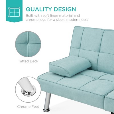 Aqua Tufted Linen Convertible Sleeper Sofa with Metal Legs and Cupholders