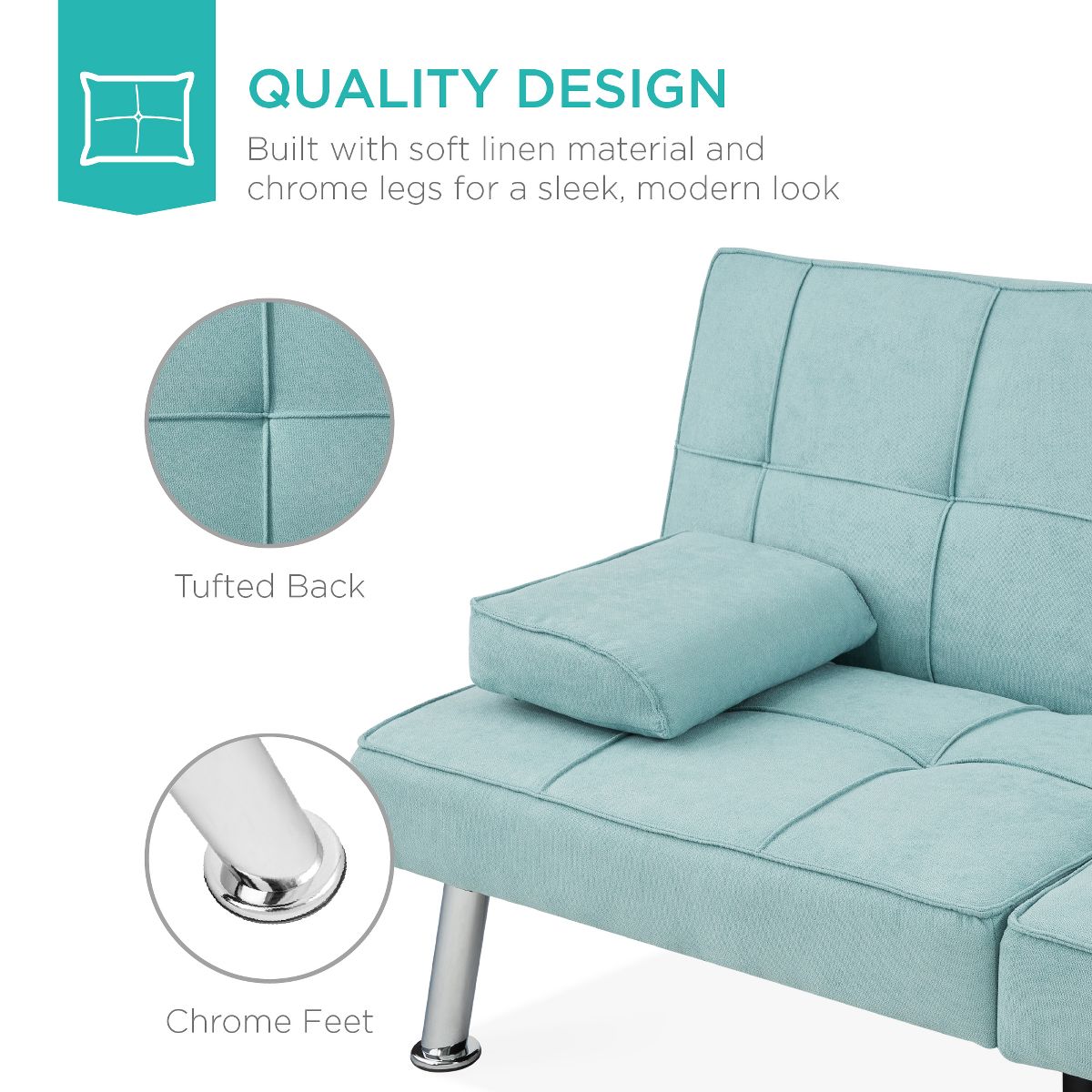 Best Choice Products Modern Linen Convertible Futon Sofa Bed w/ Removable Armrests, Metal Legs, Cupholders - Beige - thumbnail 5