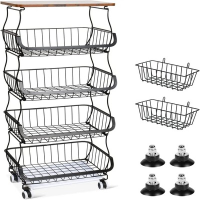 5 Tier Fruit Basket for Kitchen Organizers and Storage, Stackable Metal Wire Basket Stand Cart with Wheels