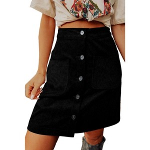 Women's Corduroy A-Line Mini Skirt - High Waisted Button Down Short Skirt with Pockets Black - 1 of 4