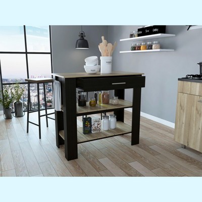 NicBex Mobile Kitchen Island Cart Morden Kitchen Carts with Storage, 2 Shelves,1 Drawer and Towal Rack for Kitchen, Black and Oak
