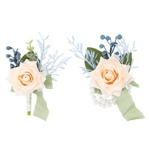 Unique Bargains Rose Corsage and Boutonnieres Set For Party Wedding Flowers Pin 2.76 Inch 2 Pcs - 1 of 4