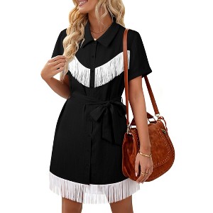Nlife Women's Short Sleeves Western Cowgirl Fringe Dress Rolled Cuff Lapel  Collar Button Down Dresses : Target
