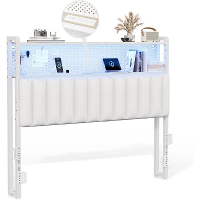 VINGLI eadboard, Adjustable Upholstered Headboard with 2 Tier Shelves and Pegboard with Charging Stations and LED Lights