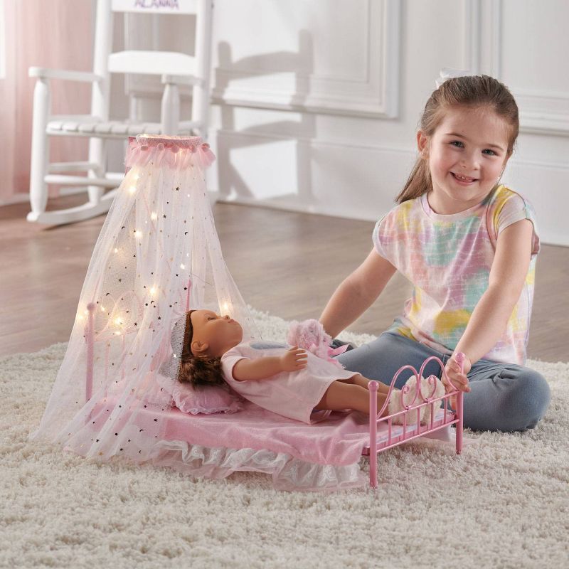 Starlights LED Canopy Metal Doll Bed with Bedding - Pink, 3 of 9