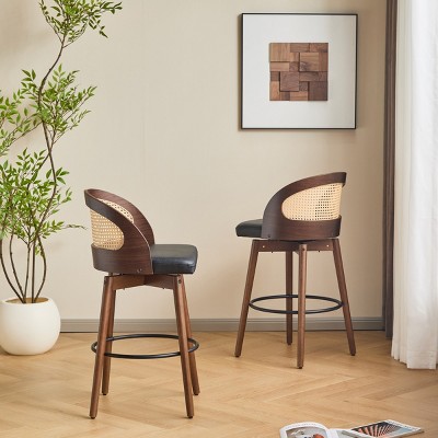 Set of 4 Rubberwood Bar Stools with Rattan Backrest,Fabric Upholstered Bar Chairs,Modern Dining Room or Kitchen Seating-Cuddlewood