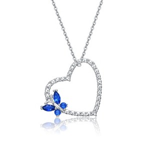 Guili Sterling Silver Necklace with 14k Yellow Gold Plating, Butterfly Design, Blue or Red Cubic Zirconia, and Heart Pendant – Elegant Look - 1 of 3