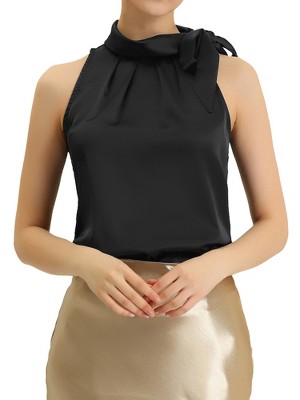 INSPIRE CHIC Women's Elegant Satin Sleeveless Bow Tie Mock Neck Solid Work Blouse