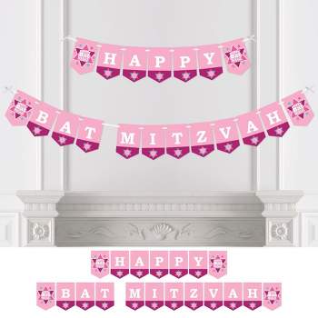 Big Dot of Happiness Pink Bat Mitzvah - Girl Party Bunting Banner - Party Decorations - Happy Bat Mitzvah