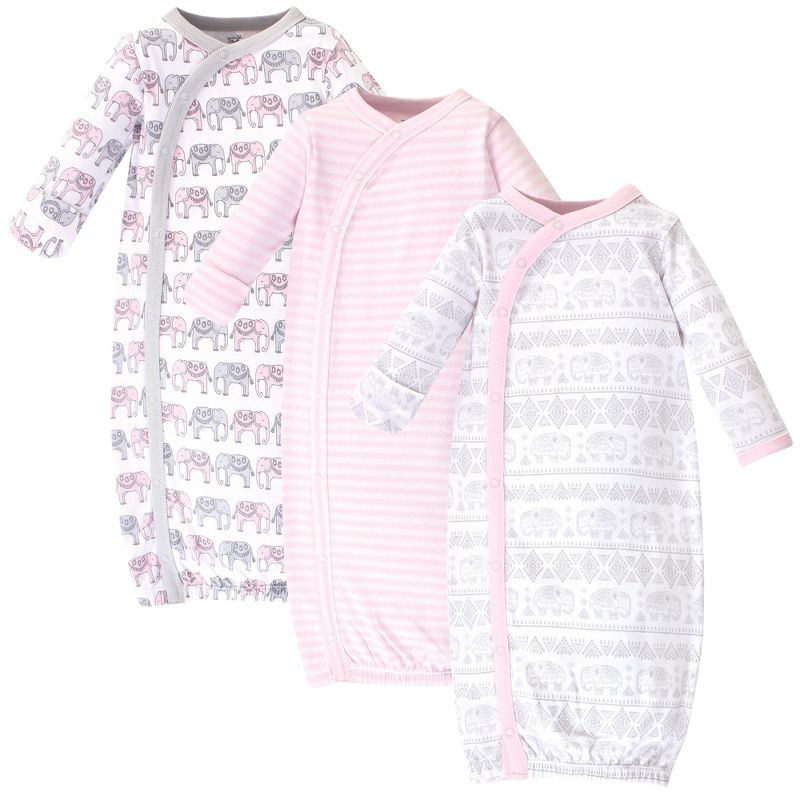 Touched by Nature Baby Girl Organic Cotton Side-Closure Snap Long-Sleeve Gowns 3pk, Pink Gray Elephant, 1 of 5