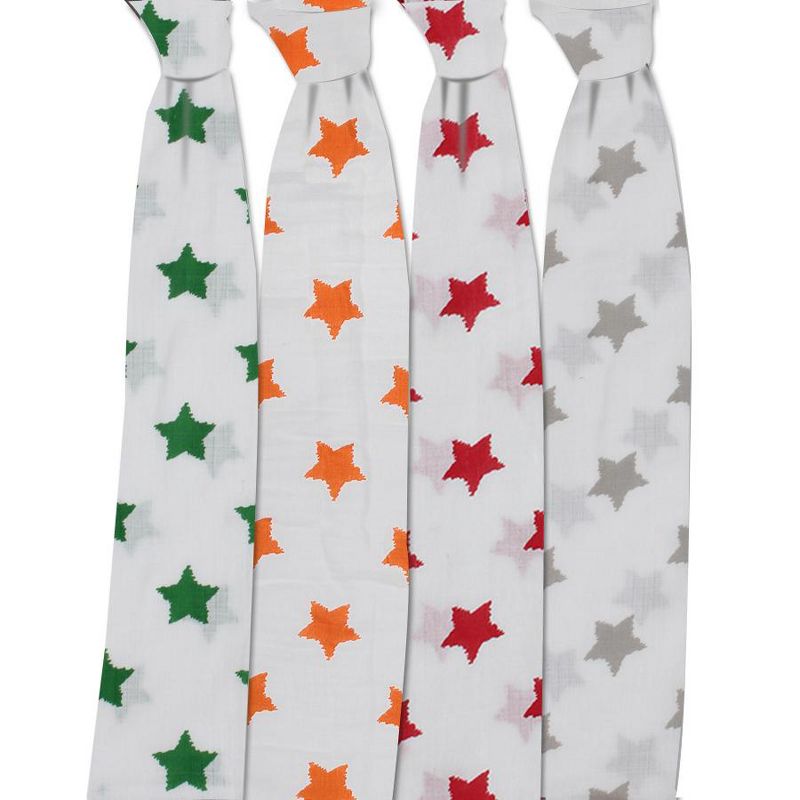 Bacati - Stars Neutral Swaddling Muslin Blankets of 4 (Green,Orange,Red,Gray), 3 of 6