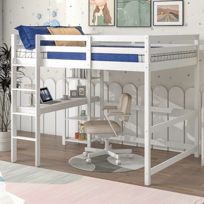 Twin Size Loft Bed with Built-in Desk, Storage Shelves and Drawers, White - ModernLuxe