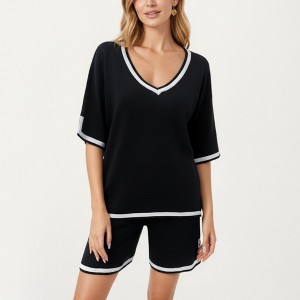 Anna-Kaci Lounge Women's Knit Lounge Set with V-Neck Top and Drawstring Shorts Featuring Contrast Trim - 1 of 4