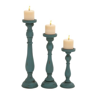 Teal Wood Fluted Pillar Candle Holders Set of 3