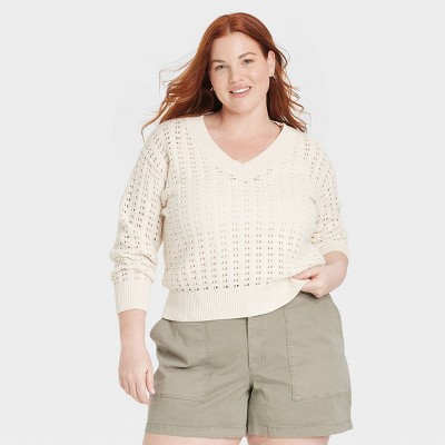 Women's Openwork V-Neck Pullover Sweater - Universal Thread™