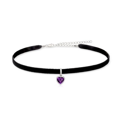 Ross-Simons 1.80 Carat Amethyst Heart Choker Necklace With Sterling Silver and Black Velvet Cord Size 13