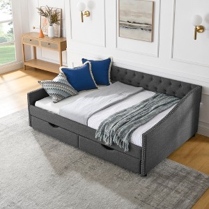 Lyngins Daybed,Upholstered Button Tufted Sofa Bed with 2 Drawers,Waved Shape Arms with Copper Nail,Bed Frame for Bedroom,Living Room - 1 of 4