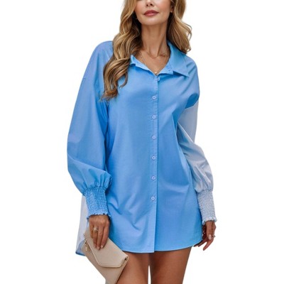 Amaryllis Women's Button-Down Shirt with Smocked Cuff Long Sleeves Collared Blouse