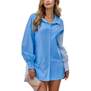 Amaryllis Women's Button-Down Shirt with Smocked Cuff Long Sleeves Collared Blouse - 1 of 4