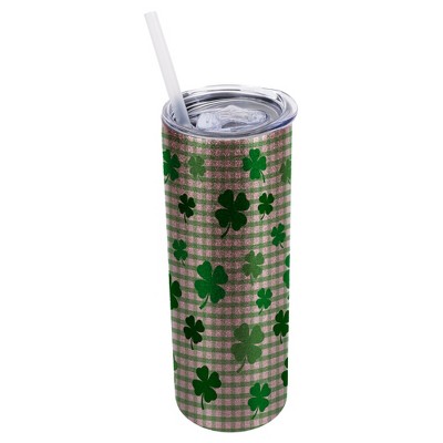 Elanze Designs Green Bubblegum Pink 20 Ounce Double Wall Stainless Steel Glitter Travel Tumbler With Sliding Lid And Straw, Plaid, Shamrock