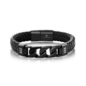 Metallo Mens Stainless Steel Genuine Black Leather Black Curb Link w/ CZ Bracelet - Black - 1 of 4