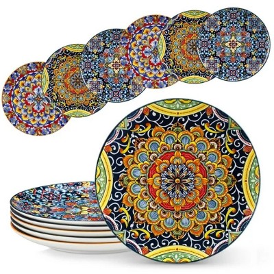 LunaLulinlk Bohemian Style 6 Piece Dinner Plates Sets, 10.5" large dinner plates Service for 6, Microwave and Dishwasher Safe
